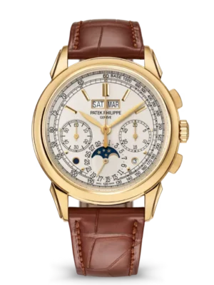 Patek Philippe Grand Complications Yellow gold and Silvery opaline dial brown Alligator leather Strap Ref. 5270J-001