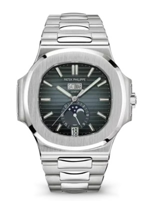 Patek Philippe Nautilus Annual Calendar Moon Phases Steel and Sunburst blue-gray dial Steel fold-over clasp bracelet Ref. 5726/1A-014
