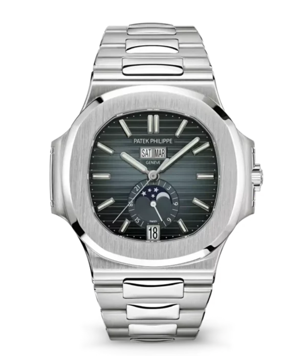 Patek Philippe Nautilus Annual Calendar Moon Phases Steel and Sunburst blue-gray dial Steel fold-over clasp bracelet Ref. 5726/1A-014