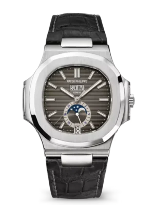 Patek Philippe Nautilus Annual Calendar Moon Phases Steel and Sunburst charcoal gray dial matte black Alligator leather strap Ref. 5726A-001