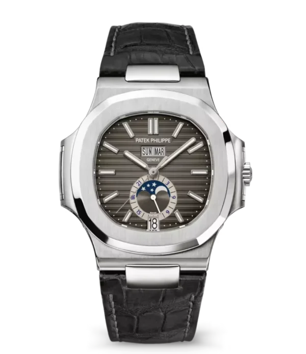 Patek Philippe Nautilus Annual Calendar Moon Phases Steel and Sunburst charcoal gray dial matte black Alligator leather strap Ref. 5726A-001