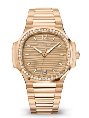 Patek Philippe Nautilus Date Rose gold and Golden brown opaline dial diamonds bezel Rose gold patented fold-over clasp bracelet Ref. 7118/1200R-010