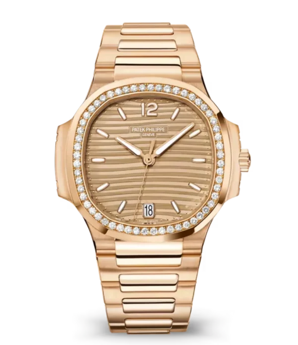 Patek Philippe Nautilus Date Rose gold and Golden brown opaline dial diamonds bezel Rose gold patented fold-over clasp bracelet Ref. 7118/1200R-010