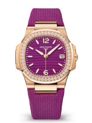 Patek Philippe Nautilus Date Rose gold and Lacquered purple dial diamonds bezel purple Composite material, fabric pattern Strap Ref. 7010R-013