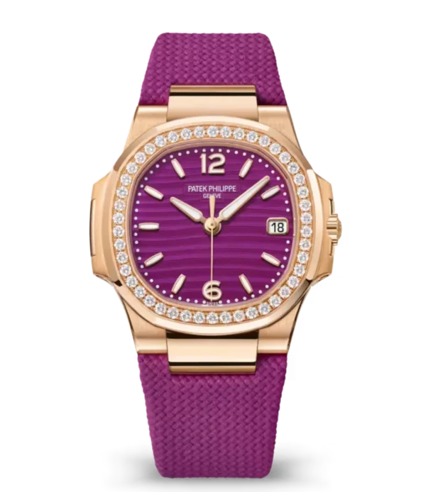 Patek Philippe Nautilus Date Rose gold and Lacquered purple dial diamonds bezel purple Composite material, fabric pattern Strap Ref. 7010R-013
