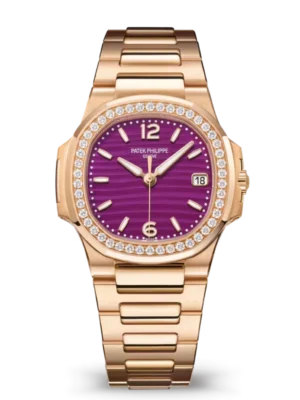 Patek Philippe Nautilus Date Rose gold and Lacquered purple dial diamonds bezel Rose gold patented fold-over clasp bracelet Ref. 7010/1R-013