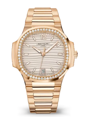 Patek Philippe Nautilus Date Rose gold and Silvery opaline dial diamonds bezel Rose gold patented fold-over clasp bracelet Ref. 7118/1200R-001