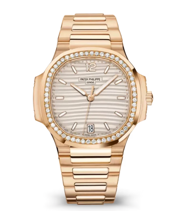 Patek Philippe Nautilus Date Rose gold and Silvery opaline dial diamonds bezel Rose gold patented fold-over clasp bracelet Ref. 7118/1200R-001