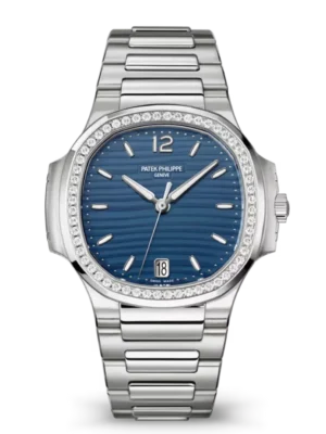 Patek Philippe Nautilus Date Steel and Blue opaline dial diamonds bezel Steel patented fold-over clasp bracelet Ref. 7118/1200A-001