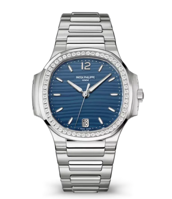 Patek Philippe Nautilus Date Steel and Blue opaline dial diamonds bezel Steel patented fold-over clasp bracelet Ref. 7118/1200A-001