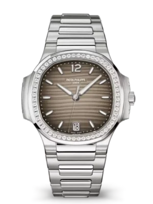 Patek Philippe Nautilus Date Steel and Gray opaline dial diamonds bezel Steel patented fold-over clasp bracelet Ref. 7118/1200A-011