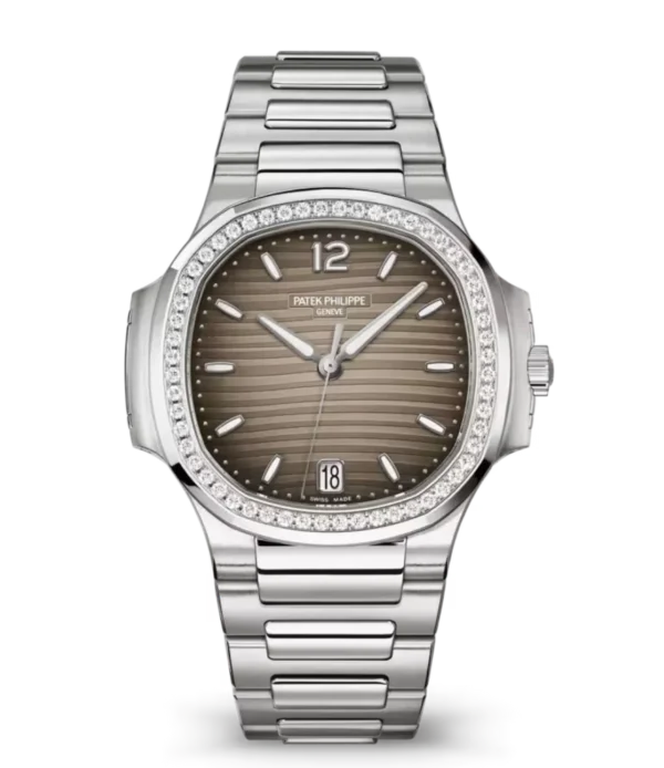 Patek Philippe Nautilus Date Steel and Gray opaline dial diamonds bezel Steel patented fold-over clasp bracelet Ref. 7118/1200A-011