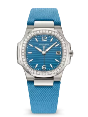 Patek Philippe Nautilus Date White gold and Lacquered azure blue dial diamonds bezel bleu clair Matière composite, motif textile strap Ref. 7010G-013
