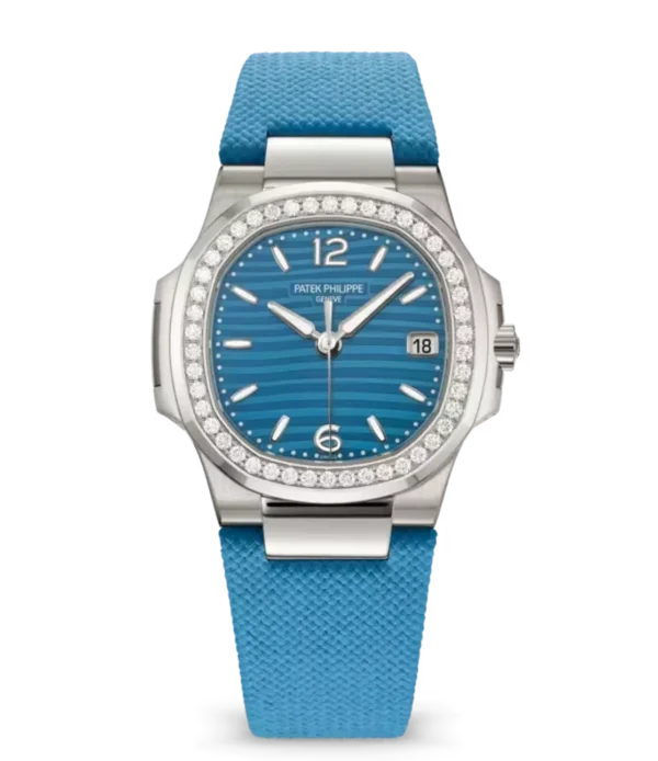 Patek Philippe Nautilus Date White gold and Lacquered azure blue dial diamonds bezel bleu clair Matière composite, motif textile strap Ref. 7010G-013