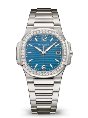 Patek Philippe Nautilus Date White gold and Lacquered azure blue dial diamonds bezel White gold fold-over clasp bracelet Ref. 7010/1G-013