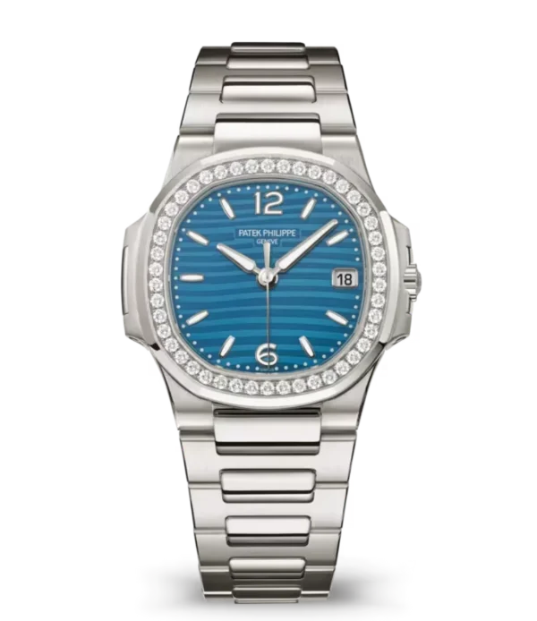 Patek Philippe Nautilus Date White gold and Lacquered azure blue dial diamonds bezel White gold fold-over clasp bracelet Ref. 7010/1G-013