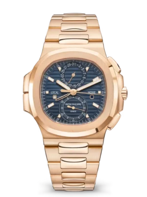 Patek Philippe Nautilus flyback chronograph Rose gold and Sunburst blue dial Rose gold fold-over clasp bracelet Ref. 5990/1R-001