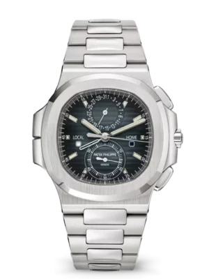 Patek Philippe Nautilus flyback chronograph Steel and Sunburst blue-gray dial Steel fold-over clasp bracelet Ref. 5990/1A-011
