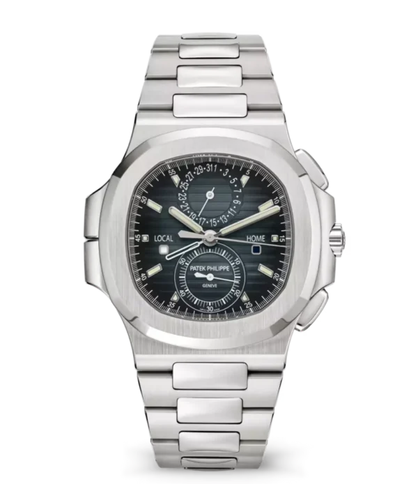 Patek Philippe Nautilus flyback chronograph Steel and Sunburst blue-gray dial Steel fold-over clasp bracelet Ref. 5990/1A-011