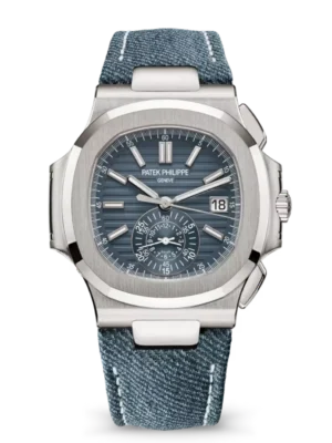 Patek Philippe Nautilus flyback chronograph White gold and Opaline blue-gray dial blue Calfskin, denim strap Ref. 5980/60G-001