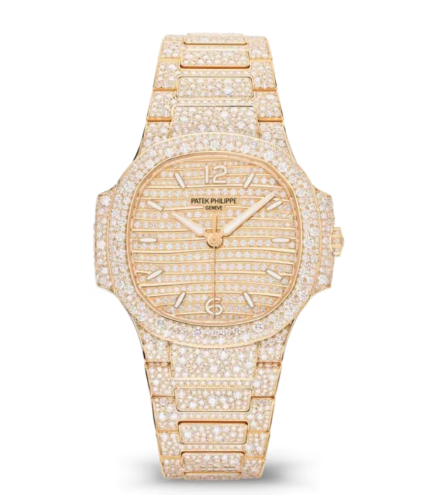 Patek Philippe Nautilus Haute Joaillerie Rose gold and Paved with diamonds dial Rose gold patented fold-over clasp bracelet Ref. 7118/1450R-001