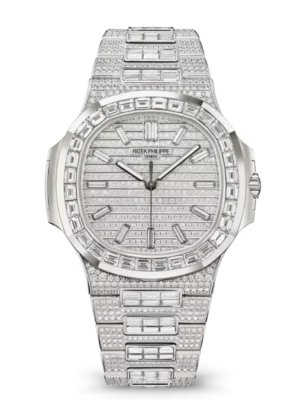 Patek Philippe Nautilus Haute Joaillerie White gold and Paved with diamonds dial baguette diamonds bezel White gold patented fold-over clasp bracelet Ref. 5811/1460G-001