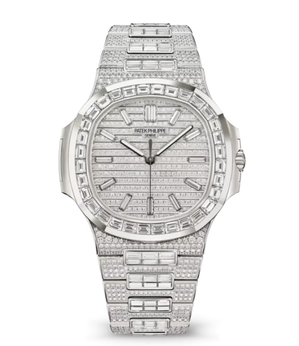 Patek Philippe Nautilus Haute Joaillerie White gold and Paved with diamonds dial baguette diamonds bezel White gold patented fold-over clasp bracelet Ref. 5811/1460G-001