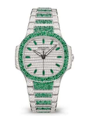 Patek Philippe Nautilus Haute Joaillerie White gold and Paved with diamonds dial emeralds bezel White gold patented fold-over clasp bracelet Ref. 7118/1453G-001