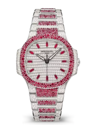 Patek Philippe Nautilus Haute Joaillerie White gold and Paved with diamonds dial rubies bezel White gold patented fold-over clasp bracelet Ref. 7118/1452G-001