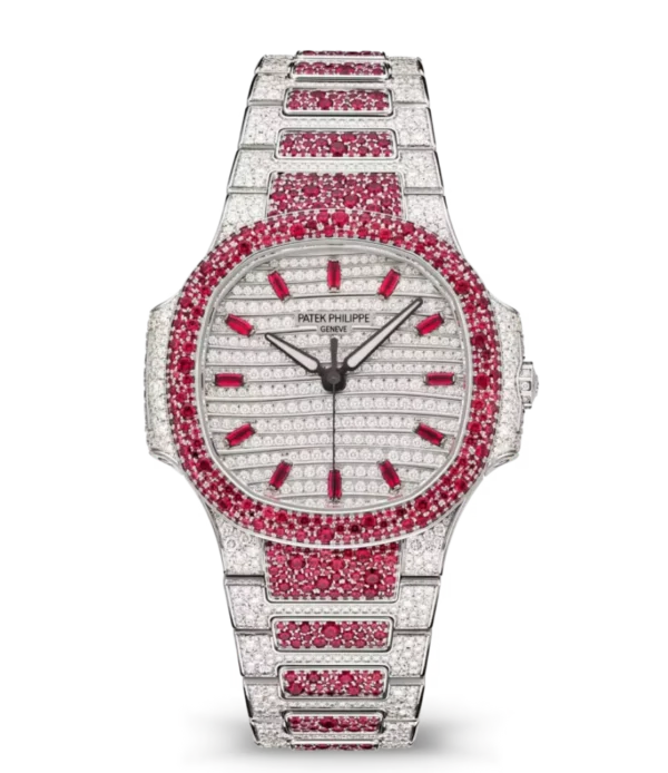 Patek Philippe Nautilus Haute Joaillerie White gold and Paved with diamonds dial rubies bezel White gold patented fold-over clasp bracelet Ref. 7118/1452G-001