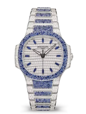 Patek Philippe Nautilus Haute Joaillerie White gold and Paved with diamonds dial sapphires bezel White gold patented fold-over clasp bracelet Ref. 7118/1451G-001