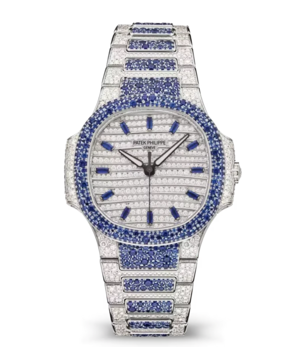 Patek Philippe Nautilus Haute Joaillerie White gold and Paved with diamonds dial sapphires bezel White gold patented fold-over clasp bracelet Ref. 7118/1451G-001