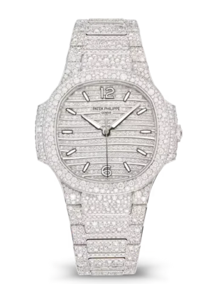 Patek Philippe Nautilus Haute Joaillerie White gold and Paved with diamonds dial White gold patented fold-over clasp bracelet Ref. 7118/1450G-001