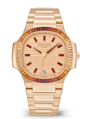 Patek Philippe Nautilus Joaillerie Rose gold and Rose-gilt dial baguette-cut spessartites bezel Rose gold patented fold-over clasp bracelet Ref. 7118/1300R-001