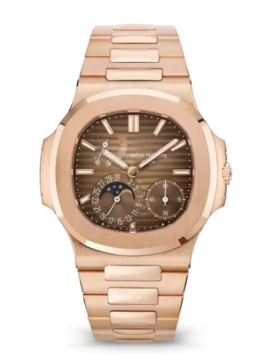 Patek Philippe Nautilus Moon Phases Rose gold and Sunburst brown dial Rose gold patented fold-over clasp bracelet Ref. 5712/1R-001