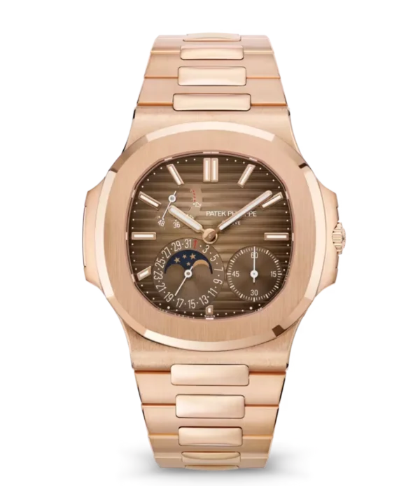 Patek Philippe Nautilus Moon Phases Rose gold and Sunburst brown dial Rose gold patented fold-over clasp bracelet Ref. 5712/1R-001
