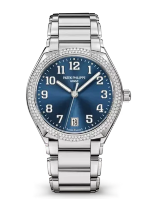 Patek Philippe Twenty~4 Automatic Steel and Sunburst blue dial diamond bezel Steel fold-over clasp bracelet Ref. 7300/1200A-001
