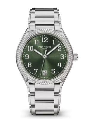 Patek Philippe Twenty~4 Automatic Steel and Sunburst olive green dial diamond bezel Steel fold-over clasp bracelet Ref. 7300/1200A-011