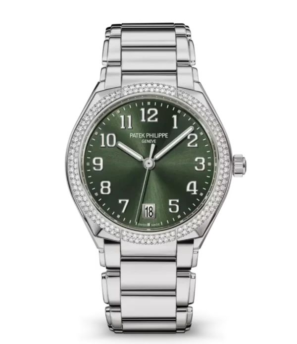 Patek Philippe Twenty~4 Automatic Steel and Sunburst olive green dial diamond bezel Steel fold-over clasp bracelet Ref. 7300/1200A-011