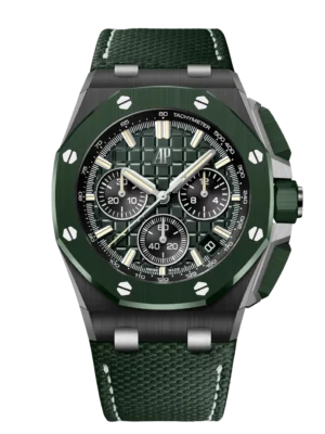 Audemars Piguet Royal Oak Offshore Selfwinding Chronograph Black ceramic and dark green "Méga Tapisserie" dial interchangeable dark green textured leather strap Ref. 26420CE.OO.A063VE.01