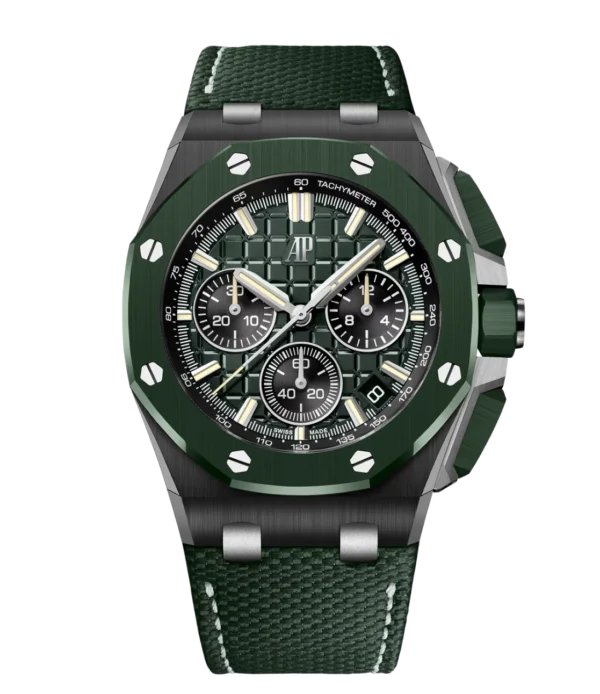 Audemars Piguet Royal Oak Offshore Selfwinding Chronograph Black ceramic and dark green "Méga Tapisserie" dial interchangeable dark green textured leather strap Ref. 26420CE.OO.A063VE.01