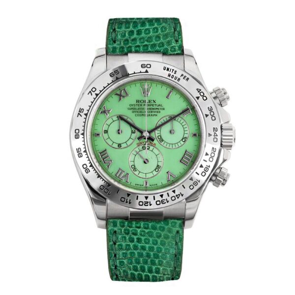 Rolex Cosmograph Daytona 116519, "Beach", 18K White Gold, Jadeite Green Roman Dial, Green Leather Bracelet, 40 mm