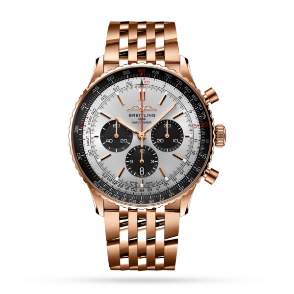 Breitling Navitimer Chronograph 43mm 18k Red Gold Watch Silver Dial BLS