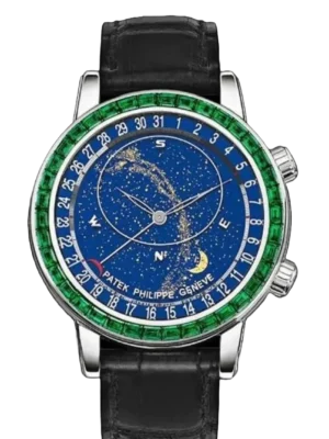 Patek Philippe Grand Complications 6102 SS PPF Best Edition Green Diamonds Bezel Blue Dial on Blue Leather Strap