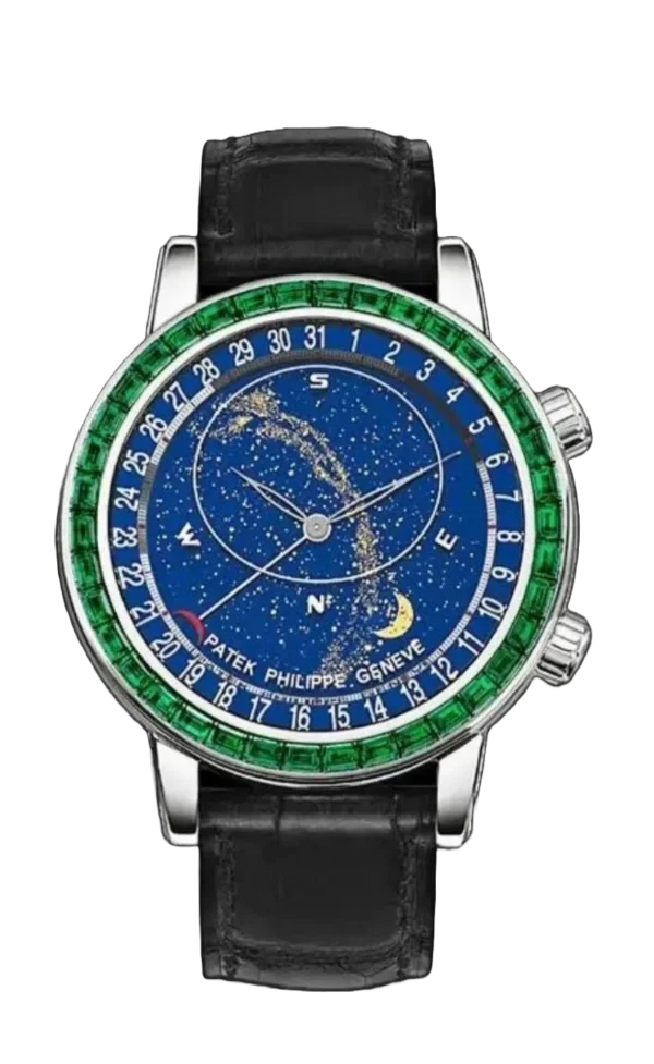 Patek Philippe Grand Complications 6102 SS PPF Best Edition Green Diamonds Bezel Blue Dial on Blue Leather Strap